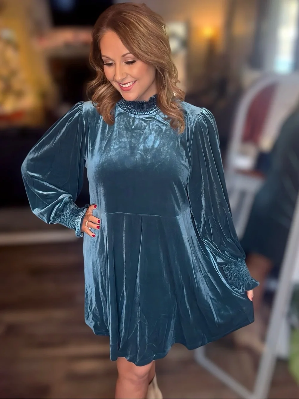 Velvet Long-Sleeve Mini Dress in Teal 3XL